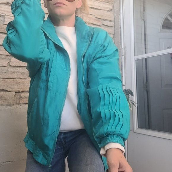 Vintage 90's 100% Silk Bright Turquoise Full Zip Retro Athleisure Jacket - Picture 16 of 16